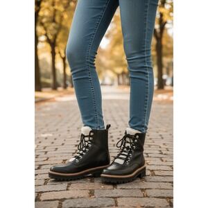 Marc Fisher LTD Black Leather Lace Up Fur Lined Combat Boots Women‎ Size 6.5